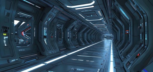 Three dimensional render of futuristic corridor inside a spaceship or space station, AI generated