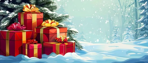 Abstract illustration of wrapped Christmas gifts, shiny ribbons and bows, stacked under a