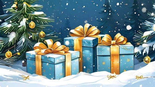 Abstract illustration of wrapped Christmas gifts, shiny ribbons and bows, stacked under a