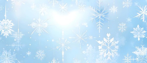 Abstract pattern of snowflakes in varying sizes and shapes in soft white and blue gradients, AI
