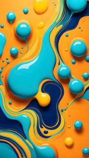 Abstract wallpaper with colorful turquoise and yellow blobs and liquid shapes on a orange
