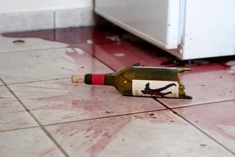 Glass bottle, broken, red wine, tiles, dirt, red, A red wine bottle has fallen on the floor. Shards