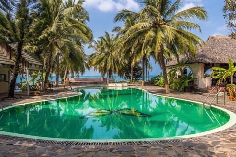 Swimming pool in tropical resort with palm trees and sea on horizon