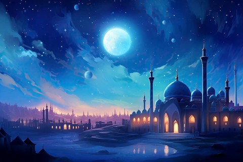 Ramadan with a mosque silhouetted against a starry night sky, illuminated by the full moon, AI