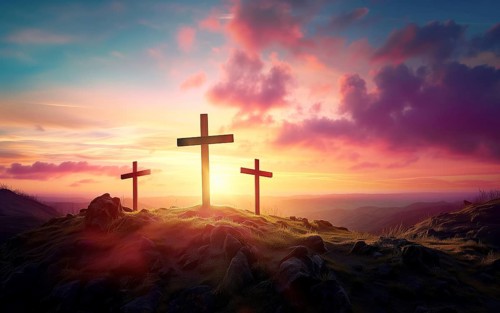 Easter concept three crosses on Golgotha Calvary hill against a dramatic sunset, AI generated