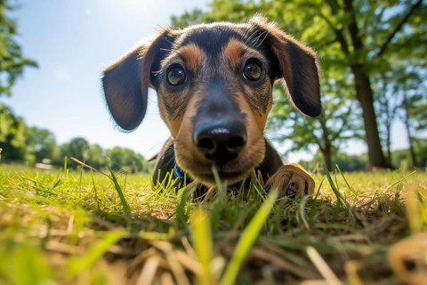 Young dachshund puppy lying in a sunlit field, surrounded by nature, AI generated