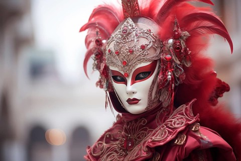 A person adorned in a richly detailed and colorful carnival costume, complete with an elaborate