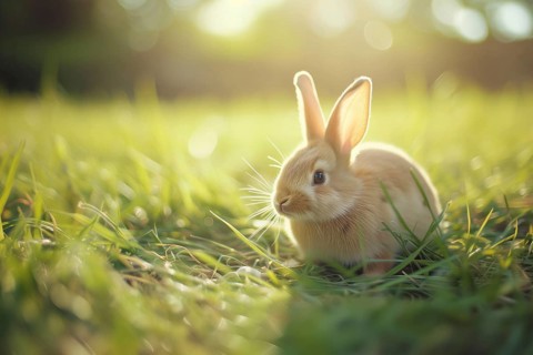 Bunny with large, attentive ears, basking in the golden hour sunlight amidst a lush green field, AI
