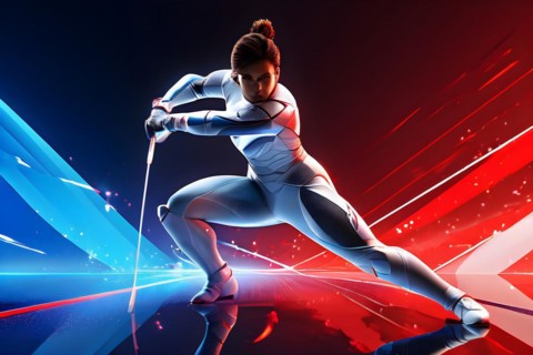 Abstract digital render a fencer morphing into fluid shapes, AI generated, Paris, Paris, Olympic