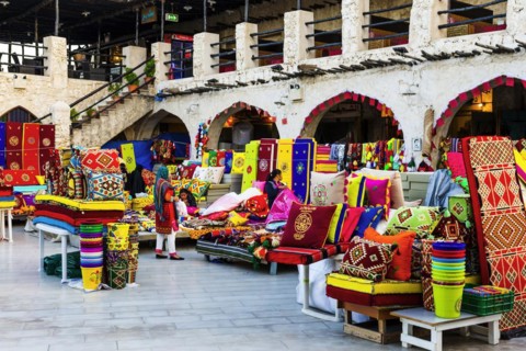 Marketplace with carpet sale in Souq Waqif in Doha, Muslim, Islam, Arabic, Orient, oriental,
