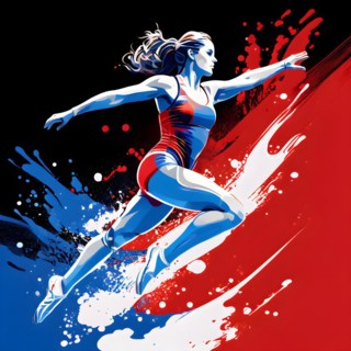 Abstract digital render of a female olympic athlete morphing into fluid shapes in french tricolor