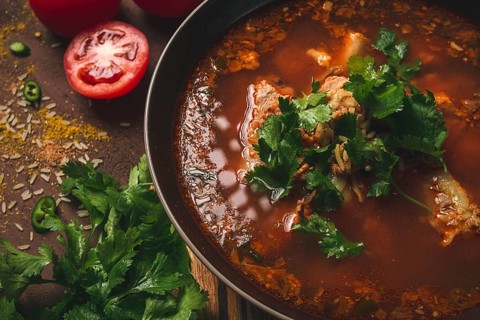 Kharcho soup, traditional Georgian dish, spicy soup, red, homemade, no people
