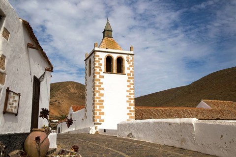 Historic church tower, Iglesia de Santa Maria, Betancuria, Fuerteventura, Canary Islands, Spain,