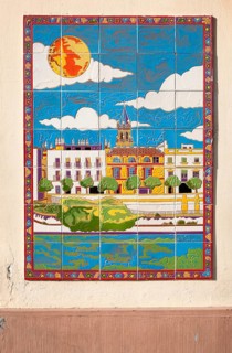 Ceramic tile picture of Calle Betis, Triana district Guadalquivir river, Seville, Spain, Europe