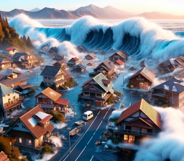 A monster wave, a tsunami, floods and destroys the houses of a village, climate change, climate