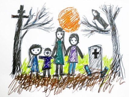 A family mourning in a cemetery, drawing, coloured pencil drawing of a preschool child, primary