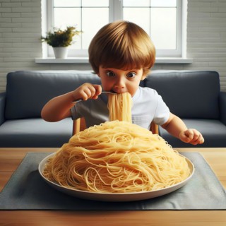 A boy sits in front of a plate with a mountain of spaghetti and shovels it into his mouth, symbolic