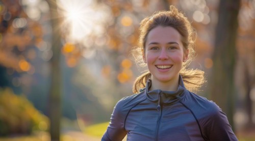 A woman runner running and jogging in a park. Active lifestyle, training for endurance, AI