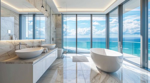Luxury modern bathroom interior in ocean condo with expensive design and scenic view, AI generated