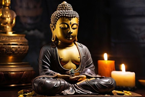 A gold statue of a Buddha is sitting on a table with candles and a bowl. Scene is peaceful and