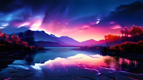 AI generated painting of a surreal landscape with mountains and a lake with digital brush strokes