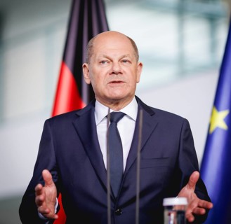 Olaf Scholz, Federal Chancellor, speaks at a press conference during the visit of Denis Becirovic,