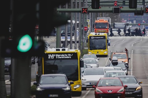 Two BVG buses travel along Heerstraße in Berlin, 27 February 2024. Berliner Verkehrsbetriebe (BVG)