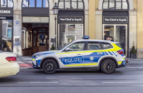 BMW police vehicle, SUV, Bavarian police officers on patrol, Maximilianstraße Munich, Bavaria,