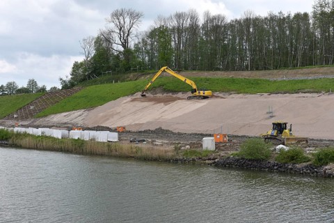 Dredging work for canal widening at the Kiel Canal construction site, Kiel Canal,