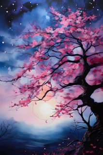 Sakura tree blossoming with pink petals and branches reaching towards a star studded night sky, AI