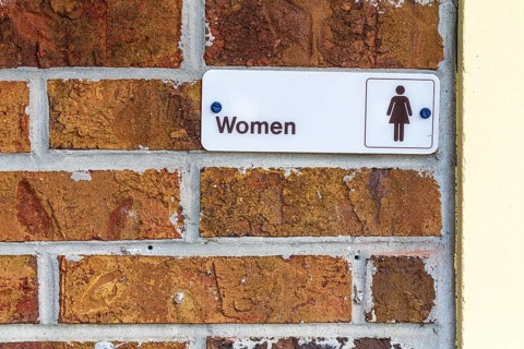 Sign on brick wall at entrance to Women's restroom