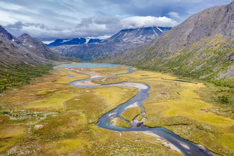 Aerial view of meandering river Leirungsae, Jotunheimen National Park, Lake Ovre Leirungen, Mt.