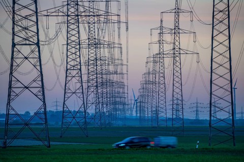 Extra-high-voltage lines, 380 KV, power line, wind turbine, the electricity comes from the Rhenish