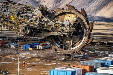 Garzweiler opencast lignite mine, bucket wheel excavator undergoing maintenance and repair, near