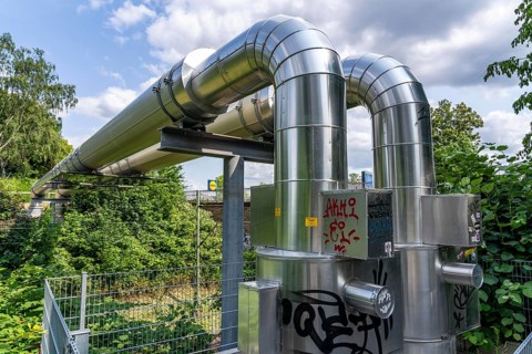 New STEAG district heating pipeline in Essen, over the railway tracks of the S6 line in Essen-Süd,