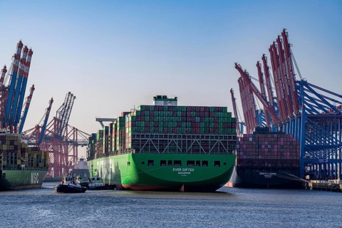 Container ship Ever Gifted, arriving at the port of Hamburg, Waltershofer Hafen, HHLA Container