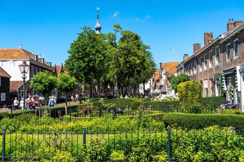 The town of Veere, province of Zeeland, the old town hall, market square, cafés and shops, gardens