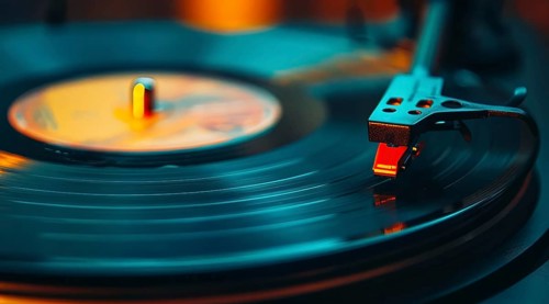 Old vinyl record playing. Concept of old nostalgic music or a broken record, AI generated