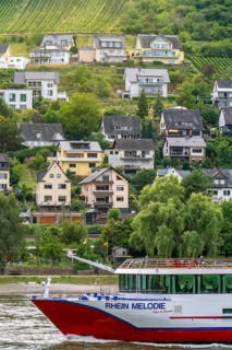 River cruise ship Rhein Melodie, on the Rhine in the Upper Middle Rhine Valley, backdrop of the