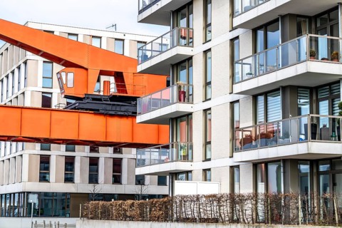New harbour, harbour basin, harbour district, old harbour crane and new residential buildings,