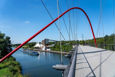 Nordsternpark, former site of the Nordstern colliery, double arch bridge over the Rhine-Herne Canal