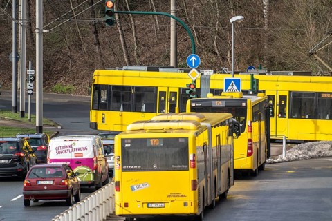 Ruhrbahn trams, at Essen-Steele S-Bahn station, interface between rail transport and tram and bus