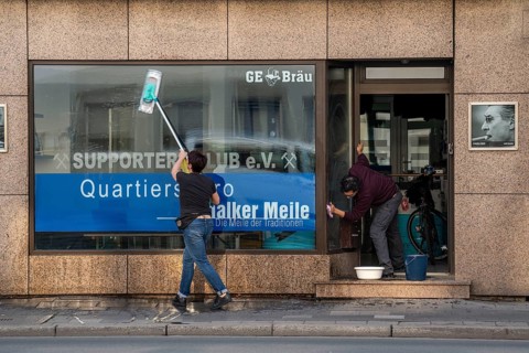 The Schalker Meile, mile of tradition, Kurt-Schumacher-Straße in Gelsenkirchen-Schalke, spring
