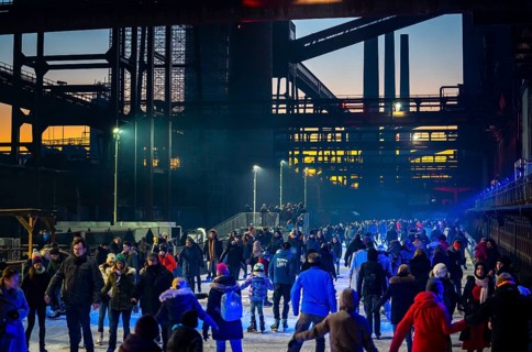 Ice rink at the Zollverein coking plant, Zollverein World Heritage Site, Essen, Germany, Europe