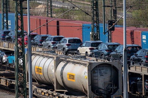 Duisburg-Rheinhausen freight station, at the Logport harbour area, goods trains loaded with new