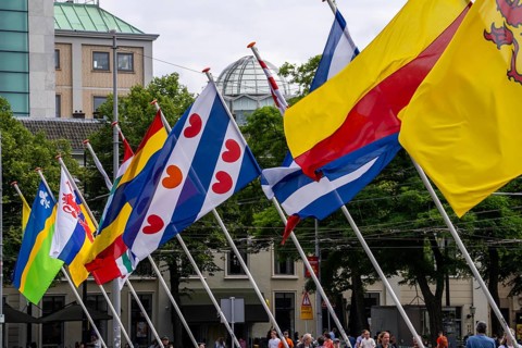 Flags, flags of the 12 different provinces of the Netherlands, at the historic Binnenhof, in the
