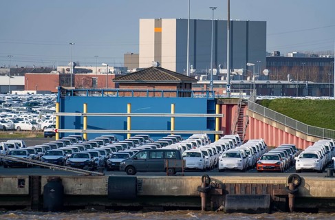 VW plant, Emden, new cars, waiting to be shipped, Lower Saxony, Germany, Europe