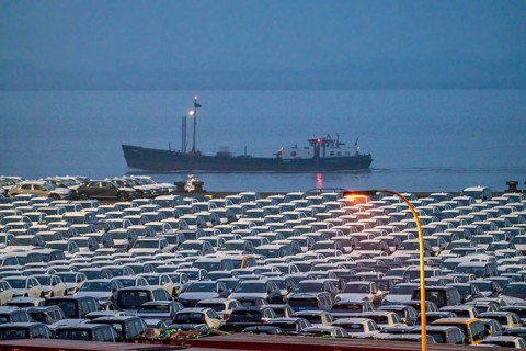 Parking space for import vehicles, hundreds of Hyundai Ioniq, electric cars, waiting for onward