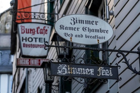 Hotel, Signs, Rooms available, Bed and Breakfast, Monschau, Old Town, Eifel, North