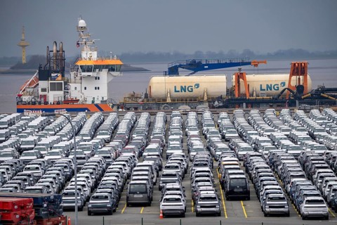 Parking space for import vehicles, hundreds of Hyundai Ioniq, electric cars, waiting for onward